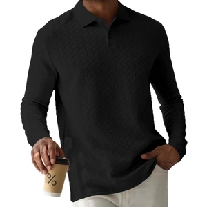 Men's slim fit black long sleeve polo shirt with premium waffle knit texture and collar