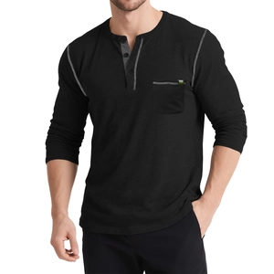 Men Vintage Henley Shirt Long Sleeve Casual Cotton Blend T-Shirt 3 Button Pocket Top Contrast Stitching Tee Slim Fit Men Clothing