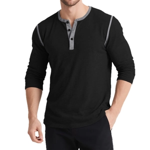 Men's long sleeve henley shirt with gray contrast stitching and three-button neckline