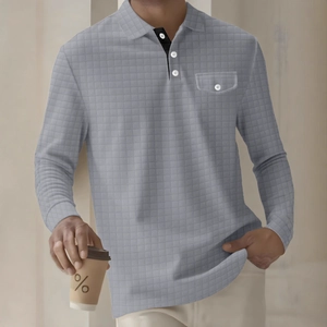 Men's light grey long sleeve polo shirt with waffle checkerboard texture and chest pocket