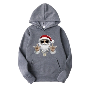 Grey hoodie featuring a hip-hop Santa Claus print with sunglasses and gold chain