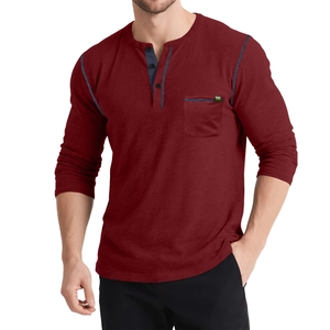 Men's burgundy long sleeve Henley shirt with contrast blue stitching and pocket detail