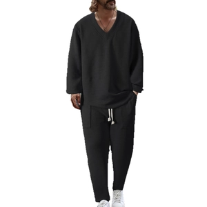 Men's casual two-piece set featuring V-neck long-sleeve top and matching drawstring trousers