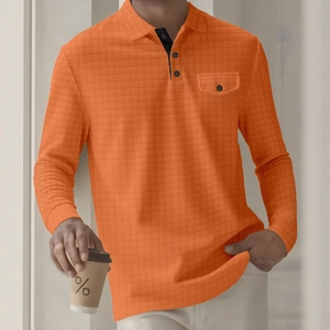 Men's orange long sleeve waffle knit polo shirt with chest pocket and classic collar
