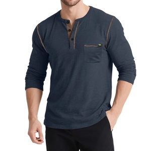 Men's long sleeve Henley shirt with buttoned collar and contrast stitching accents