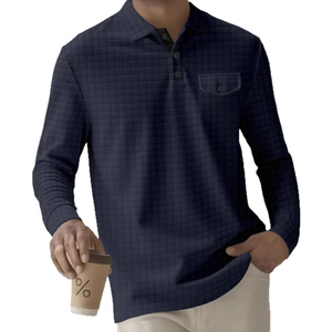 Men's navy long sleeve polo shirt with waffle texture and buttoned chest pocket