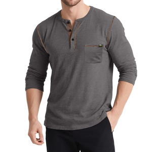 Detail of dark grey Henley shirt featuring contrast stitching and a chest pocket