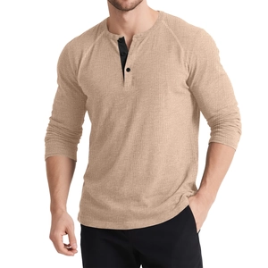 Men's waffle knit long sleeve Henley shirt with 3-button contrast placket in khaki