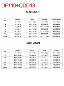 Size chart showing hoodie and cargo pants measurements in centimeters and inches for men