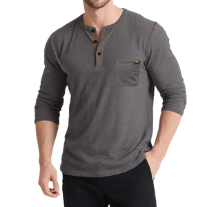 Men's long sleeve Henley shirt in dark gray with three buttons and chest pocket detail