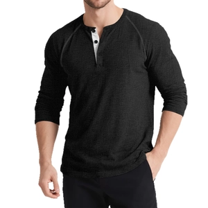 Men's black waffle knit long sleeve Henley shirt with white contrast trim details