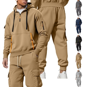 Men's Fleece Lined Warm Tracksuit Top And Bottom Hooded Half Zipper Cargo Jackets Jogger Pants Multi-Pocket Workwear Clothing