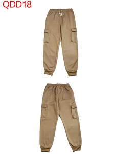 Detailed front and back view of khaki men's cargo joggers with drawstring and flap pockets