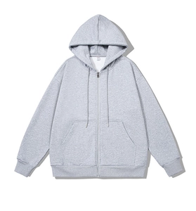 Detailed front view of light grey heather zip-up hoodie with adjustable drawstring hood