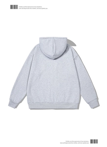 Detail view of heather grey hoodie back featuring drop shoulders and ribbed cuffs