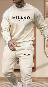 Detail of Milano Italy print on beige fleece tracksuit for a streetwear look