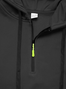 Detail of grey hoodie showing white size L wash label and neon zipper pull accent