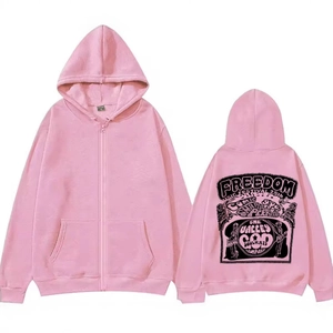 Sweat à capuche zippé Simon Henriksson rose avec imprimé liberté au dos