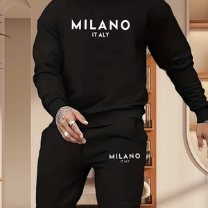Men's black fleece tracksuit set with Milano Italy print and hooded sweatshirt