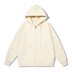 Men's cream full-zip hoodie with drawstring and side pockets on a plain background