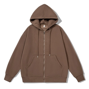 Men's oversized coffee brown zip-up hoodie with drawstring hood and kangaroo pocket