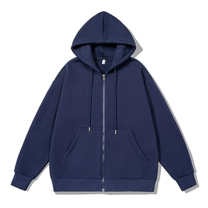 Men's navy blue zip-up hoodie with drawstring hood and front pockets on white background