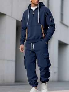 Men's navy thermal hooded tracksuit with orange zipper and functional cargo pockets