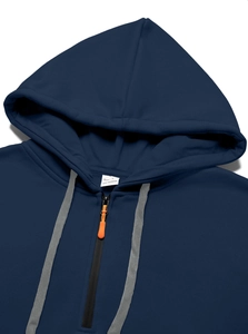Detailed macro view of dark blue hoodie neck with gray drawstrings and orange zipper slider