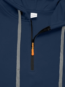 Detail of navy fleece hoodie with grey drawstrings and a vibrant orange zipper pull