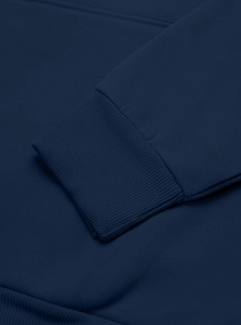 Close-up of navy blue hoodie showing ribbed cuff detail and premium fabric texture