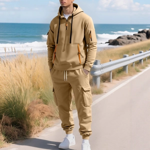 Men's khaki fleece-lined winter hoodie and cargo jogger set for outdoor training