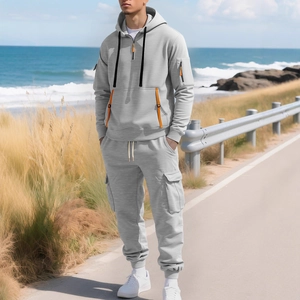 Men's light grey fleece tracksuit with hooded zip sweatshirt and cargo joggers set