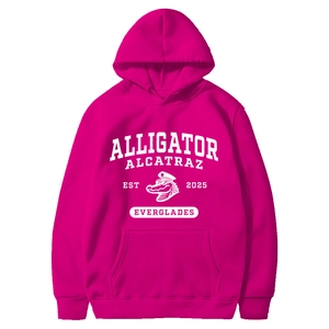 Macro shot of rose red hoodie showing vintage white alligator print and kangaroo pocket