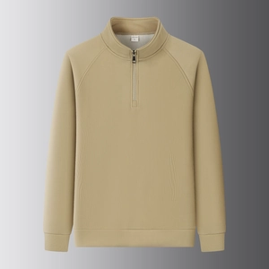 Close-up of khaki ribbed sweatshirt featuring high collar and metal half-zipper detail