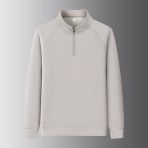 Detail of light grey men's half-zip polo sweatshirt showing vertical ribbed fabric texture