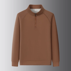 Close-up of brown half-zip sweatshirt featuring vertical ribbed texture and stand collar