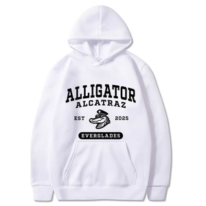 White Alligator Alcatraz hooded sweatshirt with vintage cartoon graphic and front pocket