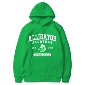 Green Alligator Alcatraz hooded sweatshirt with vintage white graphic print and front pocket