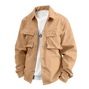 Men's khaki multi-pocket workwear shirt jacket with metal buttons and lapel collar