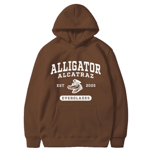 Brown alligator alcatraz hoodie with vintage graphic print and front kangaroo pocket