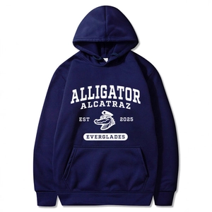 Dark blue Alligator Alcatraz graphic hoodie with front kangaroo pocket and white print