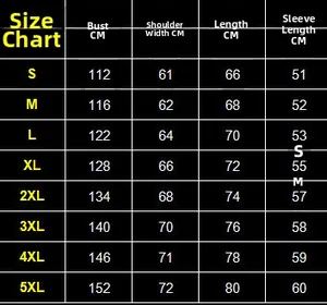 Size chart for full zipper oversized hoodies with chest and sleeve measurements