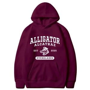 Classic burgundy hoodie with American style alligator alcatraz graphic and kangaroo pocket