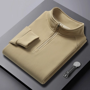 Men's khaki half-zip polo sweatshirt with vertical ribbed texture and stand collar