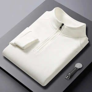 Men's cream white quarter-zip polo sweatshirt with ribbed texture on display