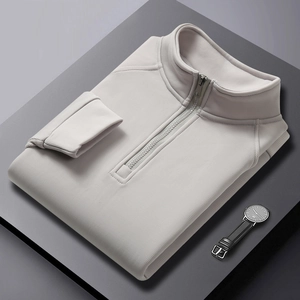Men's half-zip ribbed knit polo sweatshirt in cream white with a stand collar design