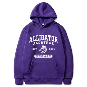Deep purple hoodie with Alligator Alcatraz graphic print in white college style