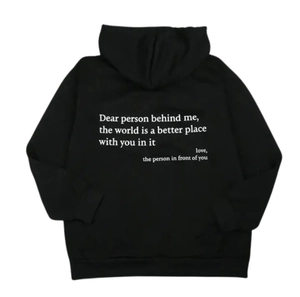 Oversized black drawstring hoodie for men and women with white back letter print