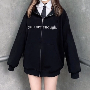 Women Casual Oversized Zip Up Hoodie Letter Printed Cotton Blend Long Sleeve Hooded Sweatshirt Fall Streetwear Jacket