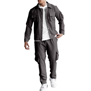 Men's dark grey multi-pocket cargo jacket and trousers set with minimalist utility style